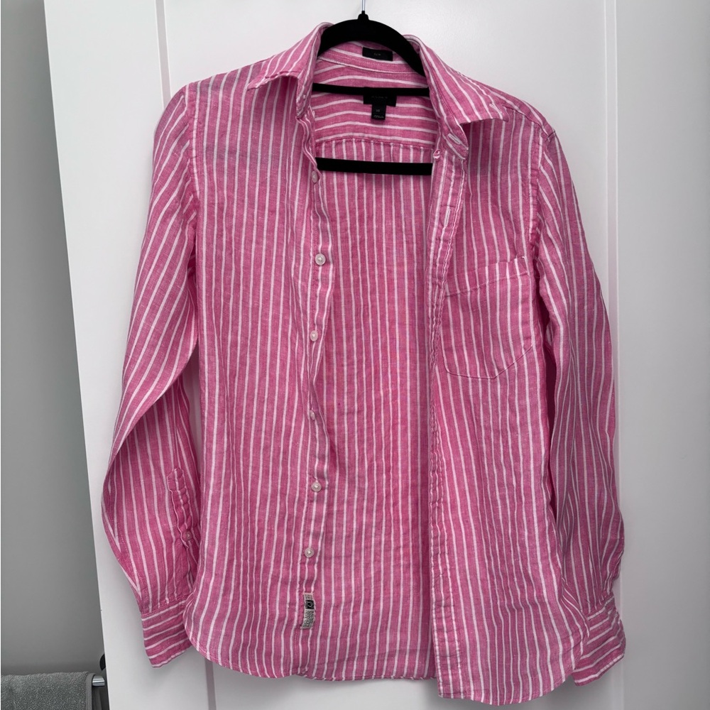 Pink and White Stripe Linen Button Up - J Crew